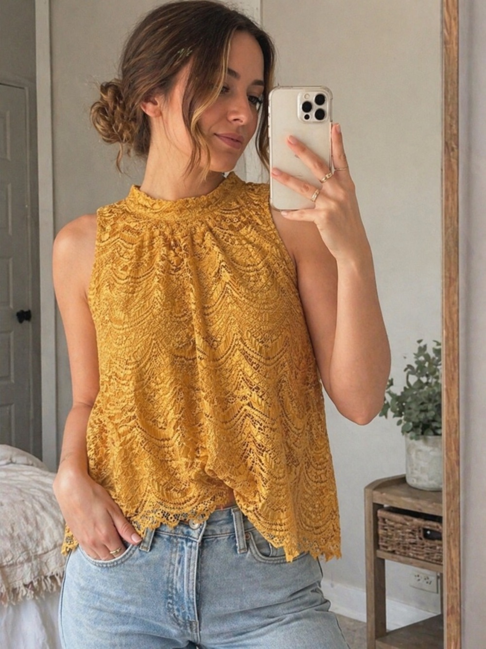 Mustard Lace Sleeveless‎ Top High Neck Fringe Hem Boho Chic Xl